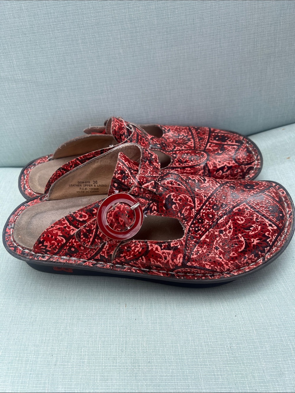Alegria Red Patterned Slip-On Mules with Round Buckle euro 36